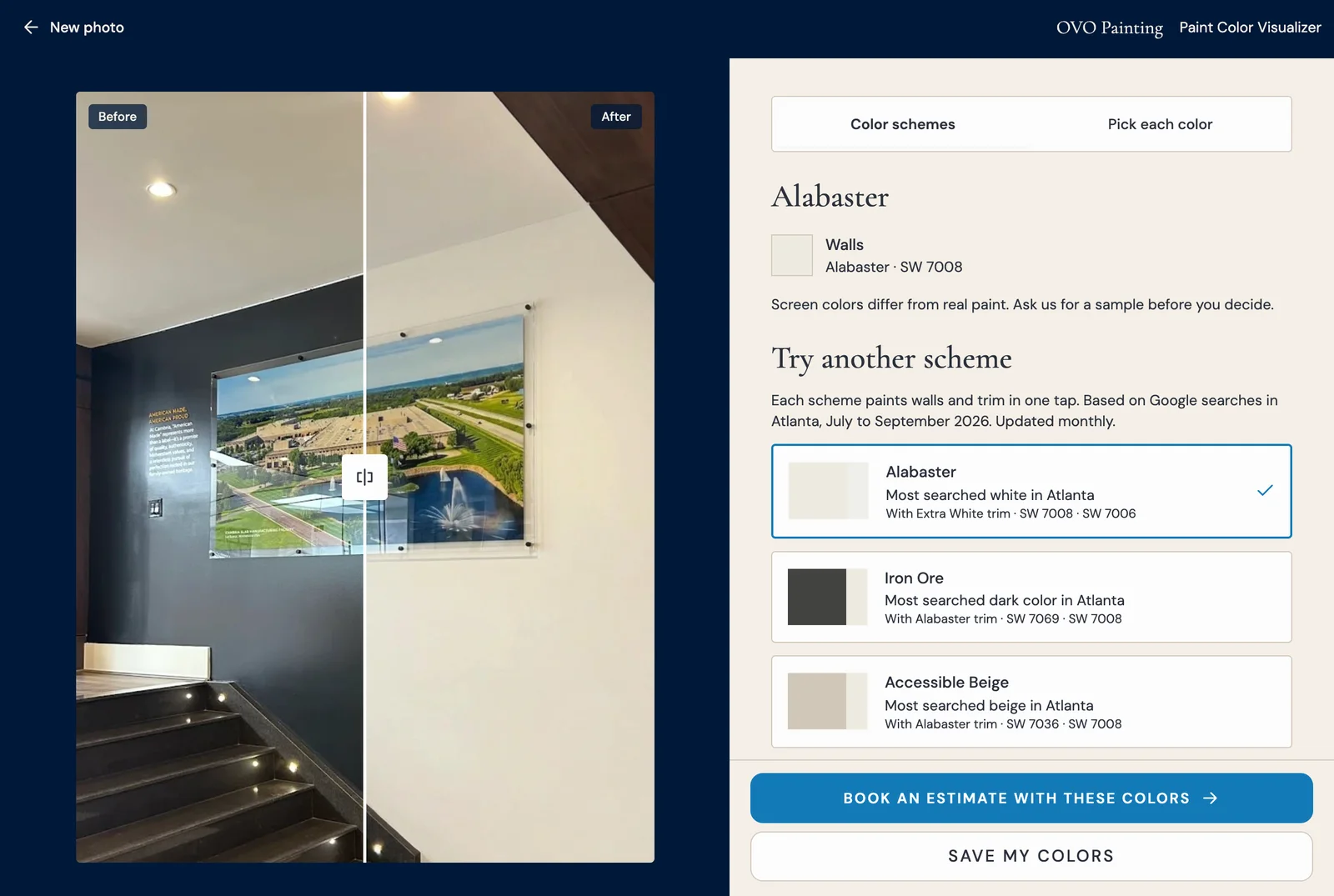 The OVO Color Visualizer comparing a commercial space before and after a white wall color