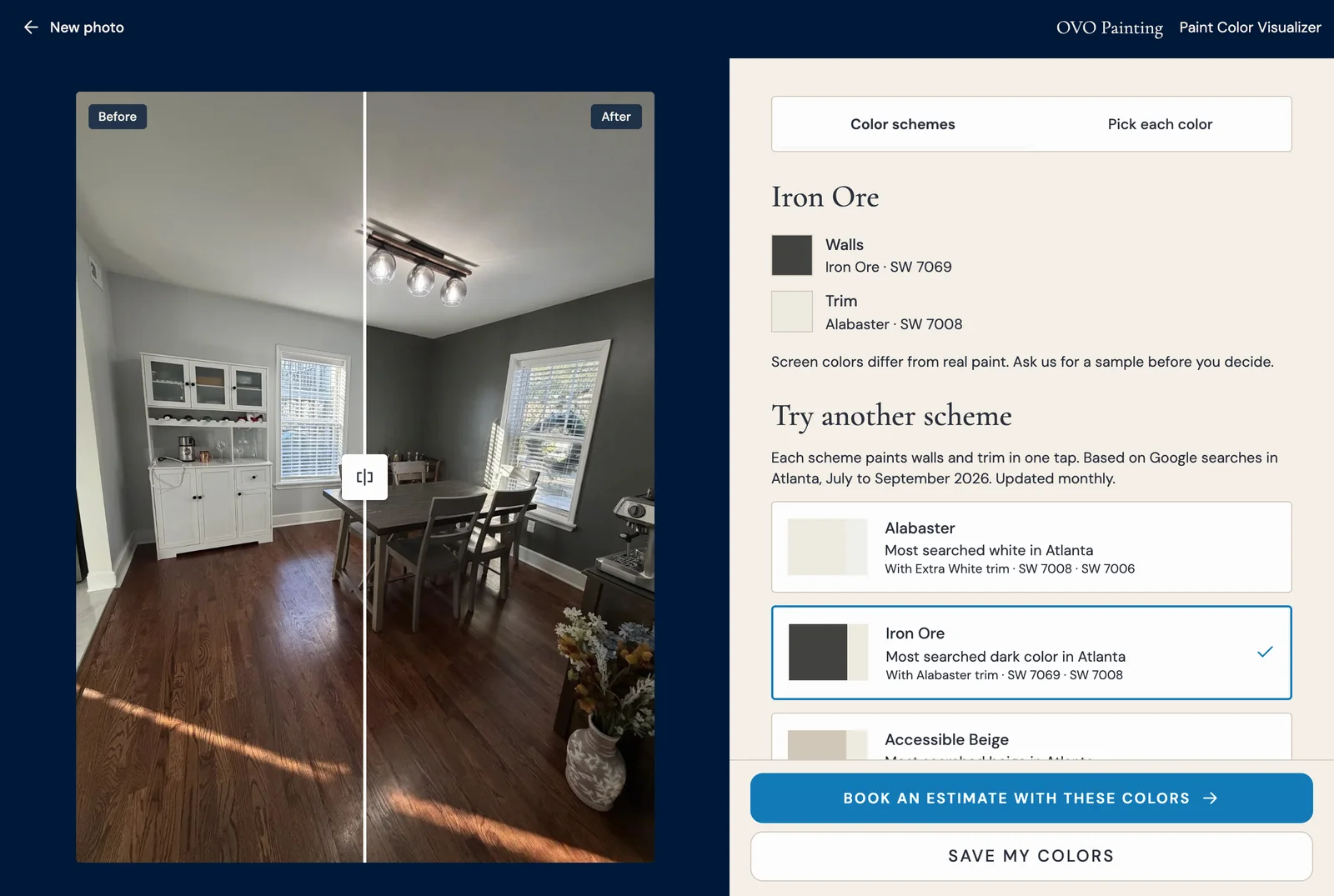 The OVO Color Visualizer comparing a dining room before and after a darker wall color